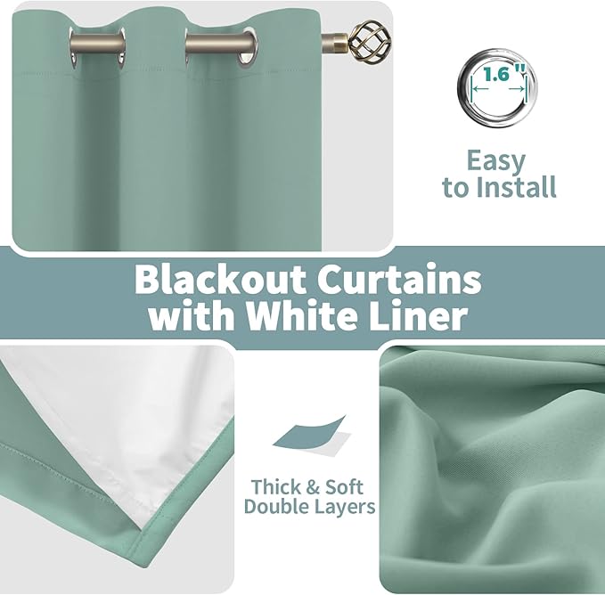 BGment Frosty Green Blackout Curtains for Bedroom 63 Inch Length, Thermal Insulated Spring Decor Bedroom Curtains Soundproof Window Curtain Drapes, Each Grommet Curtains 42 Inch Wide, 2 Panels