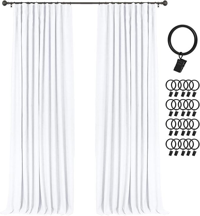INOVADAY 100% Blackout Curtains for Bedroom, Black Out Curtains 63 Inch Long, Clip Rings Linen Blackout Drapes, Thermal Insulated Room Darkening for Living Room, 2 Panels - Brightwhite,W50xL63