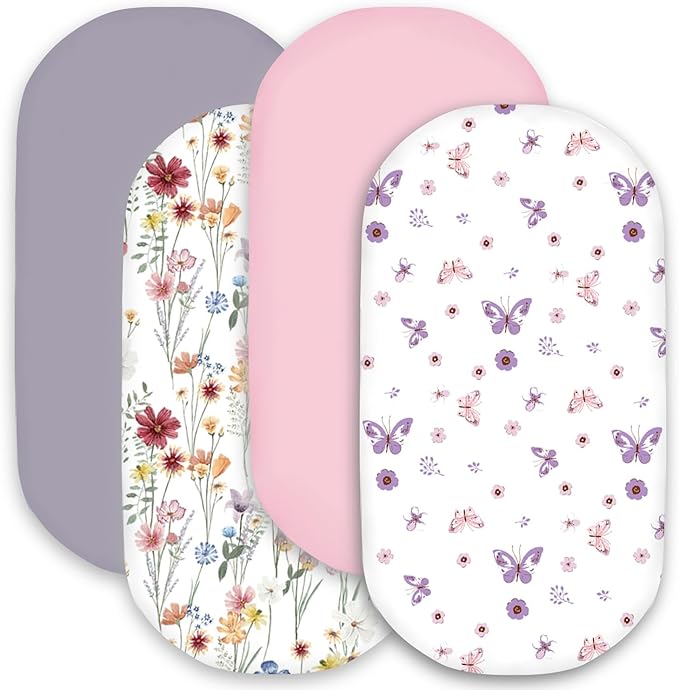 Little Grape Land Bassinet Sheets 4 Pack, 33" x 18" Fitted Bassinet Sheets Up to 4" Deep Pocket, Ultra Soft Baby Bassinet Fitted Sheets for Bassinet Mattress, Butterfly Meadow