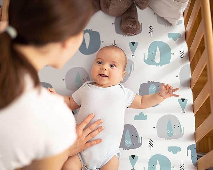 Stretchy Ultra Soft Jersey Knit Fitted Crib Sheets Set 2 Pack，Fits All Standard Crib Mattress Pads, Cute Eelephant for Girls and Boys