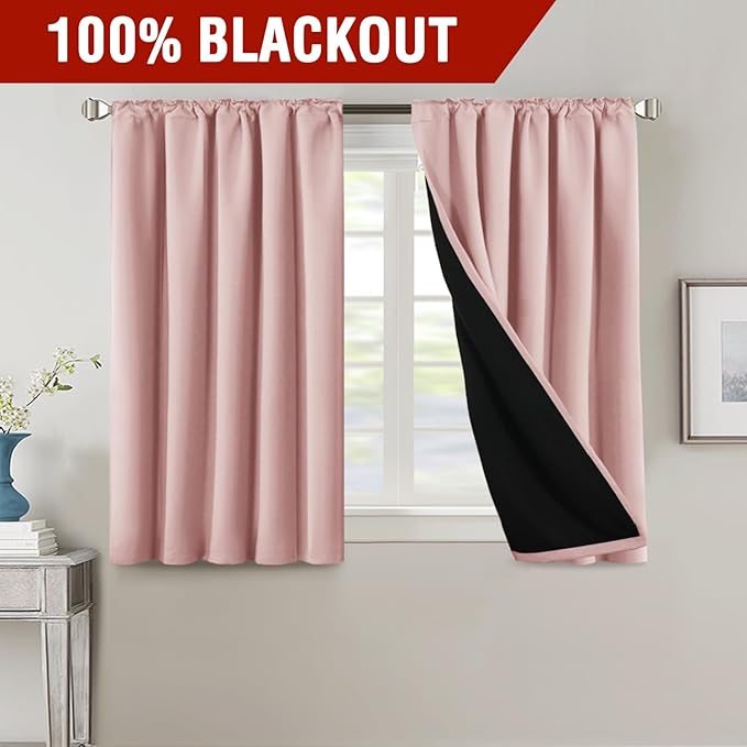 H.VERSAILTEX 100% Blackout Curtains for Bedroom with Black Liner Full Room Darkening Curtains 45 Inch Long Thermal Insulated Back Tab/Rod Pocket Window Drapes for Living Room, 2 Panels, Baby Pink