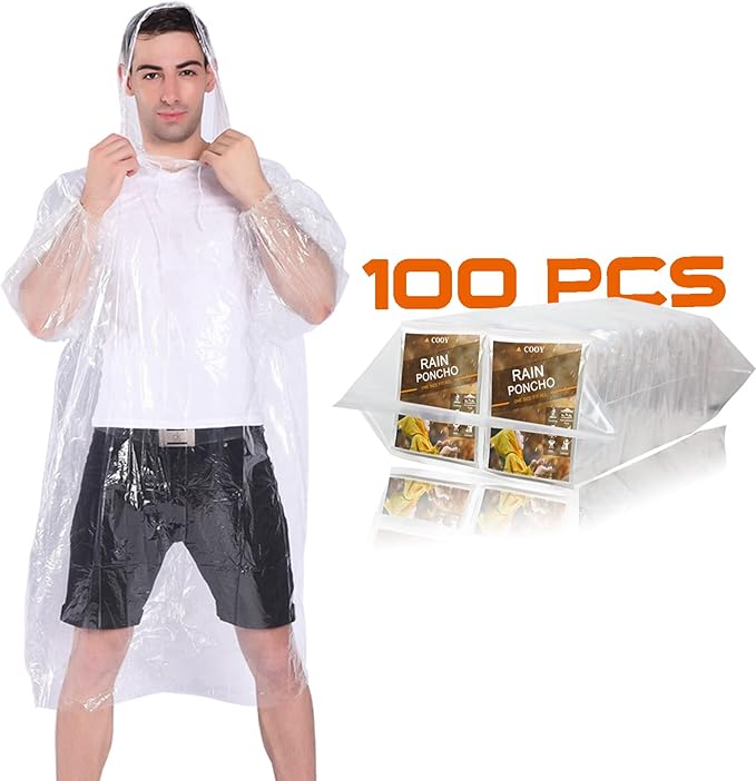 Rain Ponchos,with Drawstring Hood （10 Pack） Emergency Disposable Rain Ponchos Family Pack for Adults,Clear