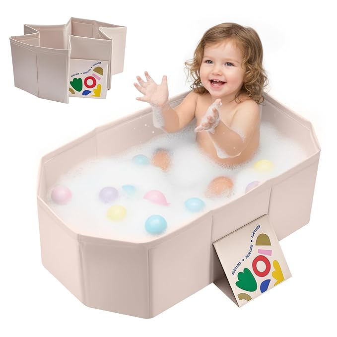 Baby Bathtub for Newborn to Toddlers, Foldable Infants Babies Bath Tub with Non-Slip Base and Drain Plug, Portable Bathtub for Home Outdoor (Ivory, 75-45-25CM)
