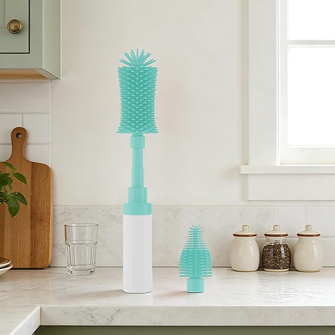 ZTX Push-to-Foam Silicone Bottle Brush Set - One-Press Rich Foam for Baby Bottles, Breast Pump Parts & Nipples - with Detachable Nipple Brush & Portable Travel Storage Bag, Blue
