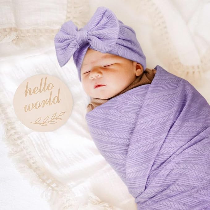 BQUBO Baby Swaddle Blankets for Girls, 4PCS Newborn Accessories Set with Matching Hat and Bow Headband with Hello World Wooden Birth Announcement Card, Baby Blankets for Girls (Purple)