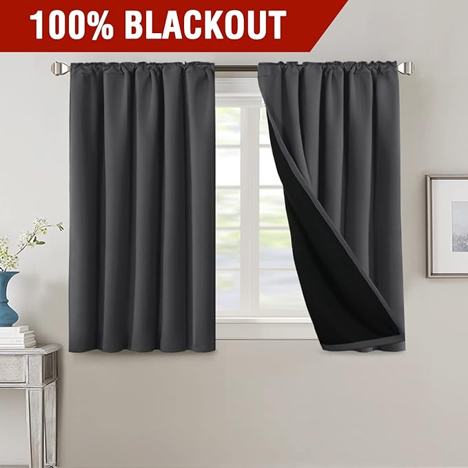 H.VERSAILTEX 100% Blackout Curtains for Bedroom with Black Liner Full Room Darkening Curtains 45 Inch Long Thermal Insulated Back Tab/Rod Pocket Window Drapes for Living Room, 2 Panels, Charcoal Grey