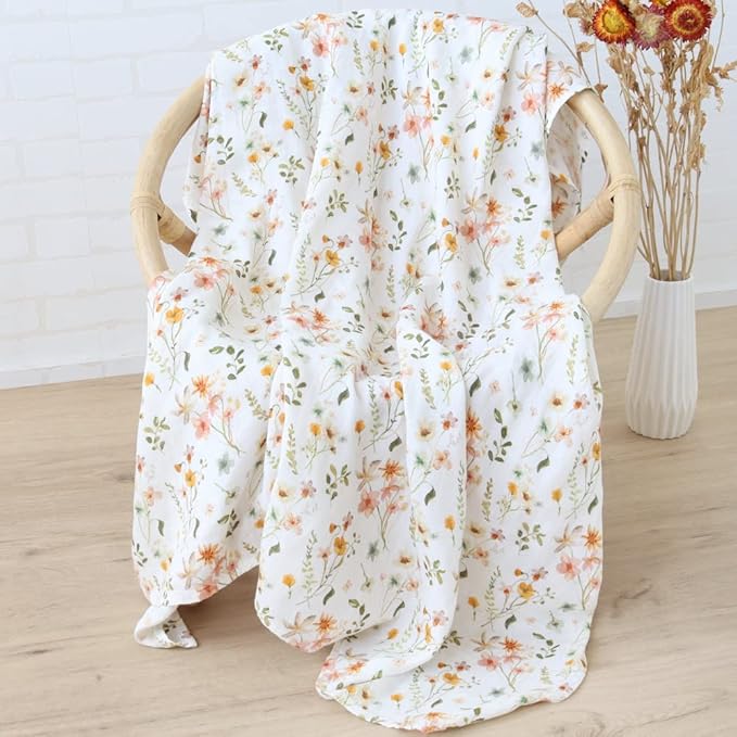 LifeTree Muslin Swaddle Blankets for Baby Girl, 2-Pack 70% Viscose from Bamboo and 30% Cotton Large Swaddle Blankets (47" x 47"), Floral & Dusty Pink Checkered