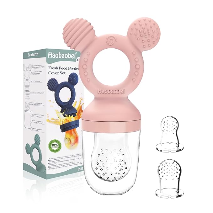 Baby Fruit Feeder, Frozen Teething Toys, Teether Pacifier with 3 Extra Teats, Infant Eating Essentials, BPA Free Baby Feeding Supplies (Pink)