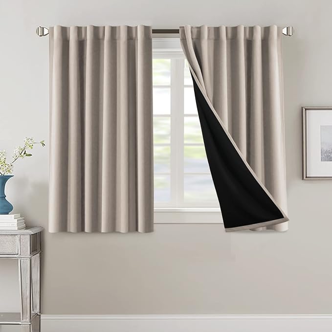 H.VERSAILTEX 100% Blackout Curtains for Bedroom with Black Liner Full Room Darkening Curtains 45 Inch Long Thermal Insulated Back Tab/Rod Pocket Window Drapes for Living Room, 2 Panels, Natural Sand
