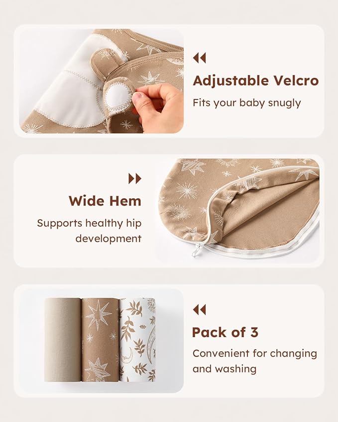 Baby Swaddles for Newborns with Zipper, 100% Cotton Newborn Swaddle Sack, 3 Pack Baby Swaddles 0-3 Months Swaddle Sleep Sack for Newborn Baby Boy Girl Brown Sun