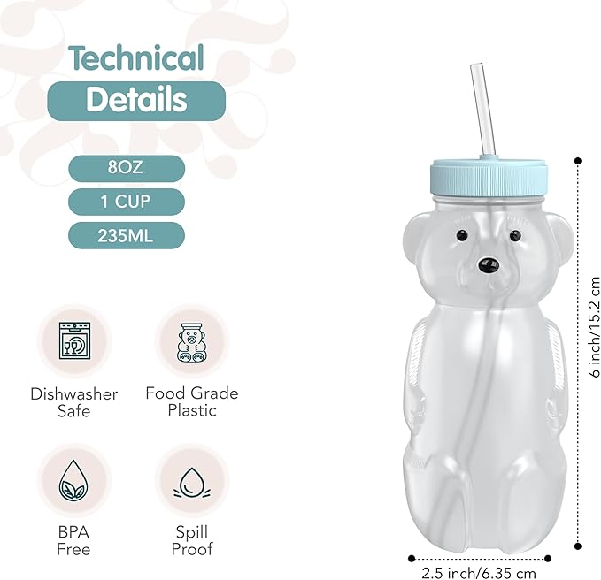 The 730 Project Honey Bear Straw Cup for Babies, 8-oz Honey Bear Cup with Lid, 3-Pack Therapy Learning Honeybear Straw, Baby Bottle Set, Blizzard AQUA
