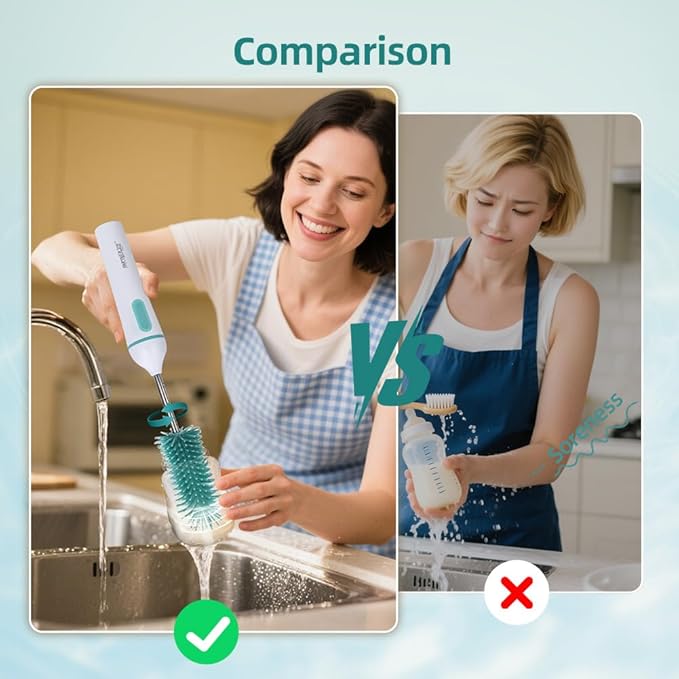 PARTNERJOY 6-in-1 Electric Baby Bottle Cleaner Kit - Rechargeable 360° Rotation Brush with 2-Speed Modes, Silicone/Nipple/Straw Brushes, Formula Mixer & Drying Rack for Home/Travel
