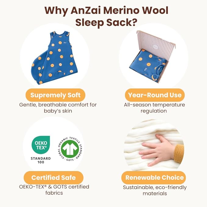 AnZai Merino Wool & Organic Cotton Sleep Sack for 2-24 Months - 2 Way Zipper Adjustable Sleeping Bag, Year Round