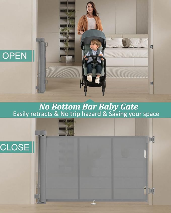 71 inch Retractable Baby Gates 34 inch Tall, Retractable Gate with Reinforced Strip Design to Prevent Crawling Through, 6 FT Retractable Dog Gate for Stairs, Doorways, Hallways, Indoor/Outdoor