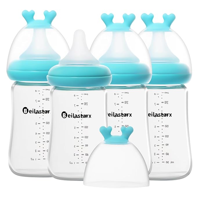 Beilastarx Glass Baby Bottles with Natural Response Nipple Size M - Anti Colic Baby Bottles Wide Neck Slow Flow Baby Bottle (Blue, 8oz (Pack of 4))