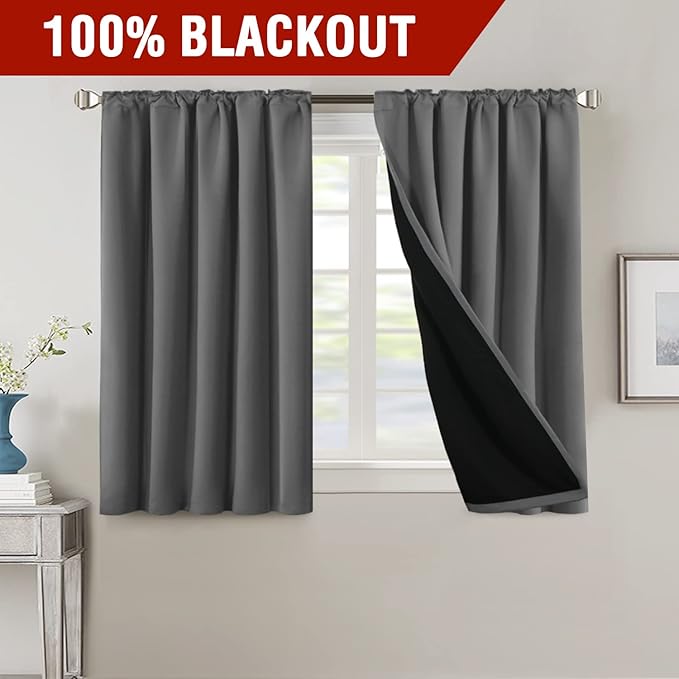 H.VERSAILTEX 100% Blackout Curtains for Bedroom with Black Liner Full Room Darkening Curtains 45 Inches Long Thermal Insulated Back Tab/Rod Pocket Window Drapes for Living Room, 2 Panels, Grey