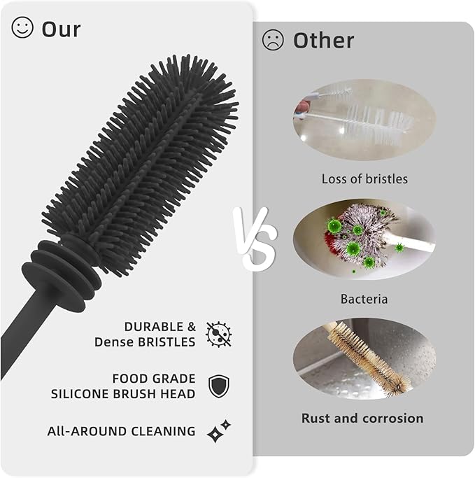 Silicone Bottle Brush and Straw Cleaner Set,Water Bottle Brush Double-Headed,Straw Brush Silicone,Bottle Cleaner Brush for Thermoses and Sports/Water Bottles/Dish/Cup (Black-Grey)