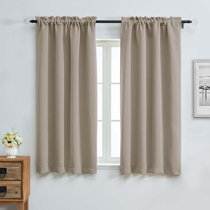 Aiyufeng Stone Blackout Curtains for Bedroom 63 Inch Length 2 Panels Set, Solid Thermal Insulated Energy Saving Rod Pocket Window Treatment Curtains Blackout Drapes, W40 x L63 Inch, Stone