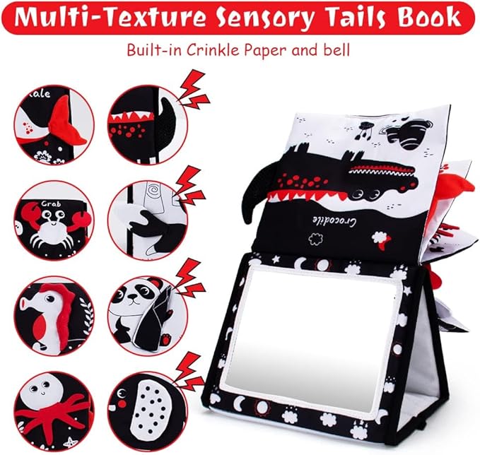 Oarifun Tummy Time Mirror, Baby Tummy Time Toys with Soft Book, Black and White High Contrast Baby Toys, 3D Activity Sensory Montessori Toys Crawling Mat