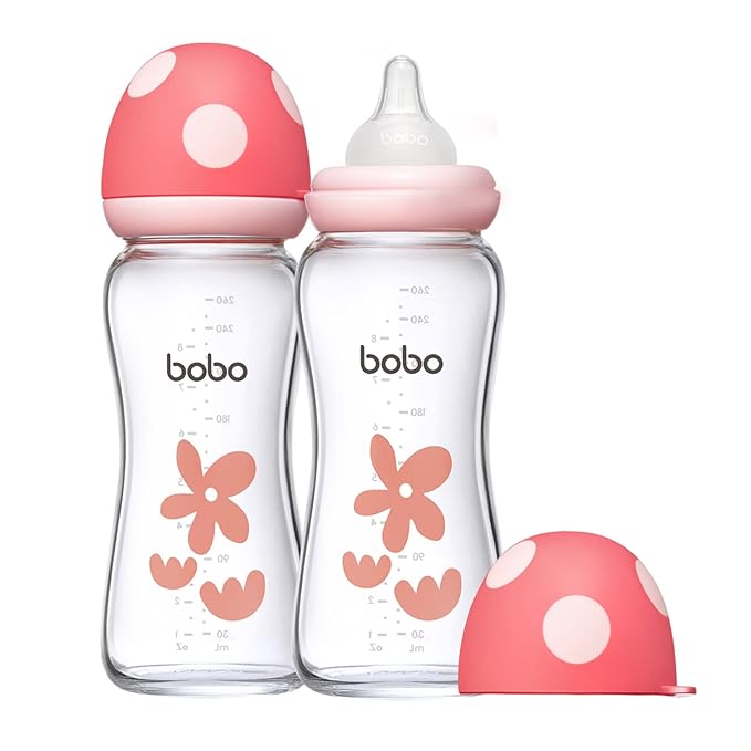 YOHKOH Natural Glass Baby Bottle with Level 2 Medium Flow Nipple, Newborn Anti-Colic Baby Bottles, Wide Neck Mushroom Baby Glass Bottle (8.8oz (Pack of 2), Red-A)