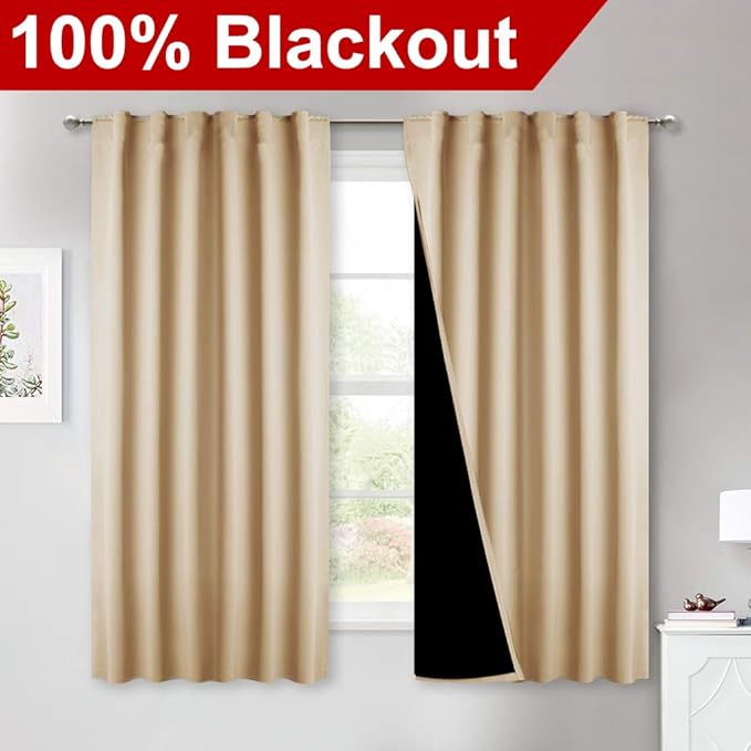 NICETOWN Bedroom Full Blackout Cold Reducing Curtain Panels, Super Thick Insulated Window Covers, Truly Blackout Draperies with Black Liner for Bathroom Window (Biscotti Beige, Set of 2, 52 by 63)
