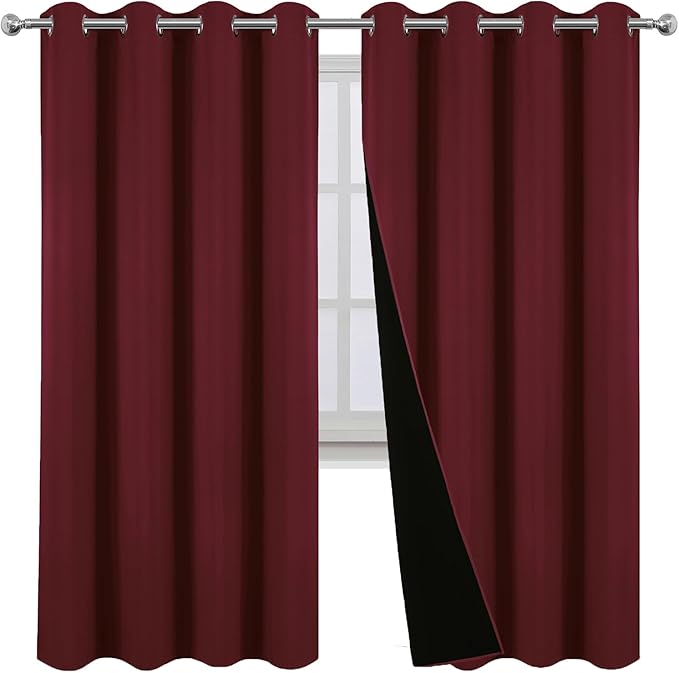 LEMOMO 100% Blackout Curtains 52 x 72 Inch Burgundy Red Curtains 2 Panels Darkening Thermal Insulated Bedroom Curtains