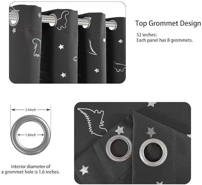 LORDTEX Dinosaur and Star Foil Print Blackout Curtains for Kids Room - Thermal Insulated Curtains Noise Reducing Window Drapes for Boys and Girls Bedroom, 52 x 63 Inch, Grey, Set of 2 Panels