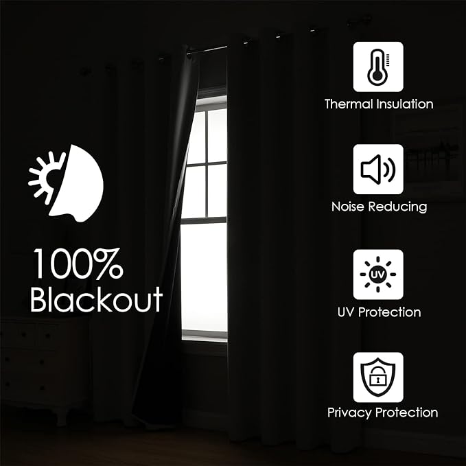 ChrisDowa 100% Blackout Curtains for Bedroom with Black Liner, 2 Thick Layers Total Blackout Thermal Insulated Grommet Window Curtains 2 Panels Set (Burgundy, 52 x 72 Inch)