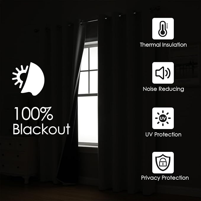 ChrisDowa 100% Blackout Curtains for Bedroom with Black Liner, 2 Thick Layers Total Blackout Thermal Insulated Grommet Window Curtains 2 Panels Set (Beige, 52 x 63 Inch)