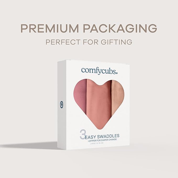 Comfy Cubs Easy Swaddle Blanket with Zipper Closure, 3 Pack - 100% Cotton Newborn Wrap, Large for 3-6 Months Infants, Breathable and Durable Sleep Sack for Babies - Light Blush, Blush & Mauve