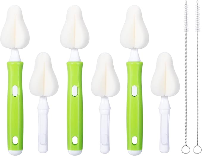 Carebabymore 8 Piece Sponge Nipple Bottle Brushes, Baby Bottle Brush with 3 Piece Nipple Cleaner, 3 Piece Replacement Heads and 2 Piece Straw Brushes, Green