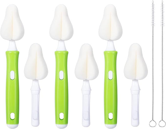 Carebabymore 8 Piece Sponge Nipple Bottle Brushes, Baby Bottle Brush with 3 Piece Nipple Cleaner, 3 Piece Replacement Heads and 2 Piece Straw Brushes, Green