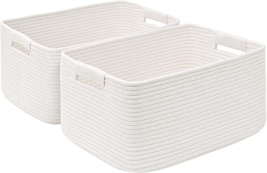 2 Pack Large Storage Basket for Organizing, 17.5"x13.5"x7.5" Woven Basket for Shelves, Closet Cube Storage Bins with Wrapped Handle, Cotton Rope Baskets for Kitchen, Clothes, Toys(Off White)