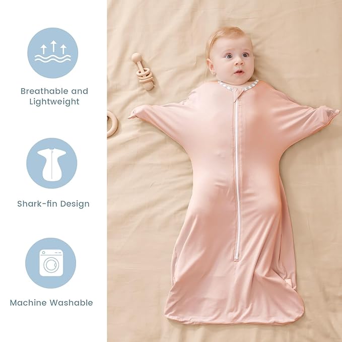 ZIGJOY Shark-Fin Transitional Swaddle for Newborn - 0.5 Tog Rayon Made from Bamboo Transition Swaddle Sleep Sack 6-12 Months Baby Arms Up Swaddle Blanket with 2-Way Zipper, Pink&Purple