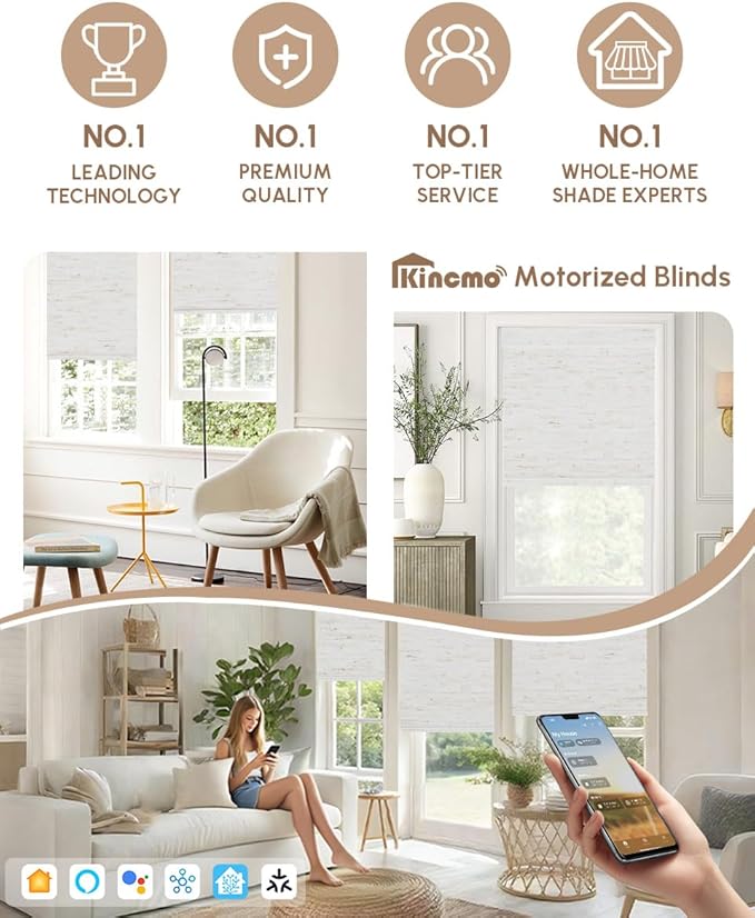 Kincmo Motorized Blinds with Remote,100% Blackout Motorized Roller Shades Work with Apple Homekit,Alexa,Google, Custom Electric Blinds with App,Voice Control (Linen White)