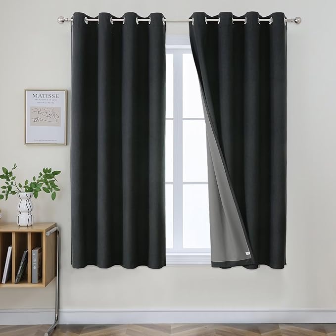 Joydeco Black 100% Blackout Curtains for Bedroom, Room Darkening Thermal Insulated Short Textured Grommets Drapes for Living Room (42x63 inch, Black)