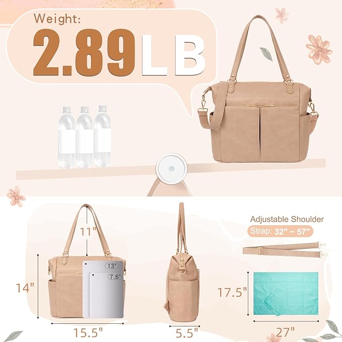 MOMINSIDE Diaper Bag Tote, Leather Diaper Bag Backpack with 14 Pockets, Convertible Baby Bag for Boys Girls, Baby Registry, Changing Pad, Large 4 Insulated Pockets (Camel)