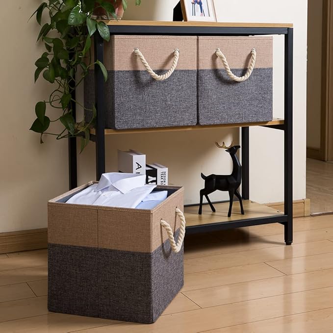 PRANDOM Large Foldable Cube Storage Bins 11x11 inch [2-Pack] Fabric Linen Storage Baskets Cubes Drawer with Cotton Handles Organizer for Shelves Nursery Closet Bedroom Khaki