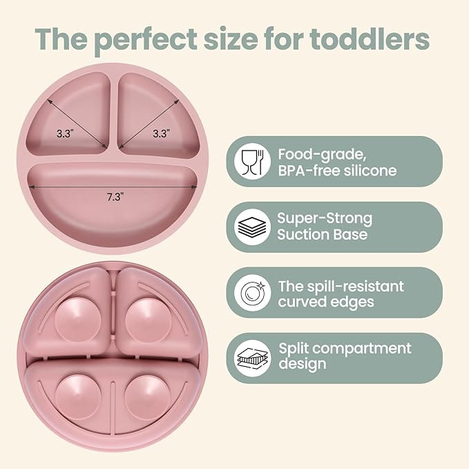 Eascrozn 2 Pack Silicone Divided Baby Plates with Suction, 2 Pack Toddler Forks and Spoons Set, BPA Free, Baby Feeding Set for Toddler Utensils, Microwave and Dishwasher Safe