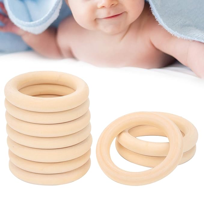 10Pcs Teething Rings, 65mm Baby Unfinished Wood Circles Without Paint, Smooths Circles for Crafts DIY Jewelry Pendant Connectors (Wood Color-65mm)