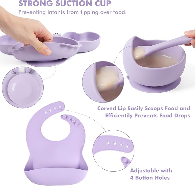 Silicone Baby Feeding Set 15 Pcs，Baby Spoons Suction Bowl Divided Plate Bib Cup Finger Brush Training cups,Baby Led Weaning Supplies,Baby Plates，Toddler Feeding Plates and Bowls Set（purple）