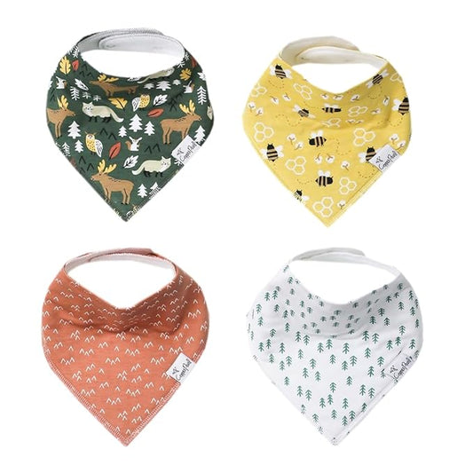 Copper Pearl 4 Pack Soft Cotton Baby Bibs for Drooling and Teething, Absorbent Drool Bibs for Baby Girl and Boy, Adjustable to Fit Newborns to Toddlers, Tons of Styles (Atwood)