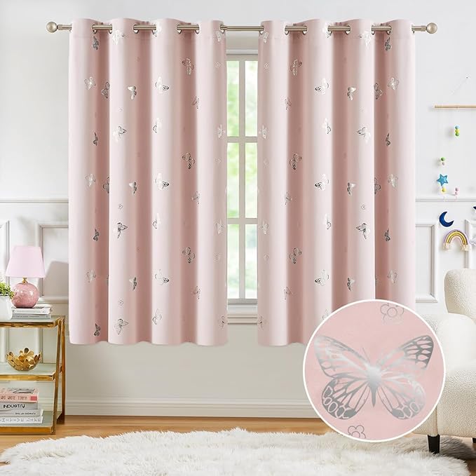 Jubilantex Pink Silver Butterfly Blackout Curtains Metallic 63" Long for Bedroom Nursery Thermal Insulated Window Curtains Grommet 52" Wide,2 Panels