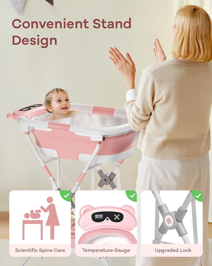 AVIDOR 2-in-1 Baby Bathtub with Stand for Newborn and Infants, Foldable Baby Bath Tub, Baby Shower Gifts for New Parents, Pink
