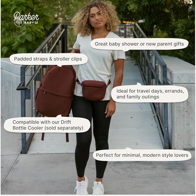 Parker Baby Drift Neoprene Backpack & Belt Bag | Roomy, Soft & Water Resistant | Travel Essentials w/ Diaper Changing Pad | No-Bulk Design w/ Adjustable Stroller Straps in Modern & Neutral Colors