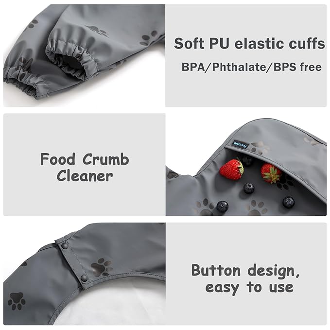 PewinGo Baby Bib with Long Sleeves Bib & BLW, Machine Washable & Soft and Skin-Friendly Material, Coverall Bibs for Baby Feeding, Waterproof and Easy to Clean, for Baby Infant Toddlers (Dark Grey)