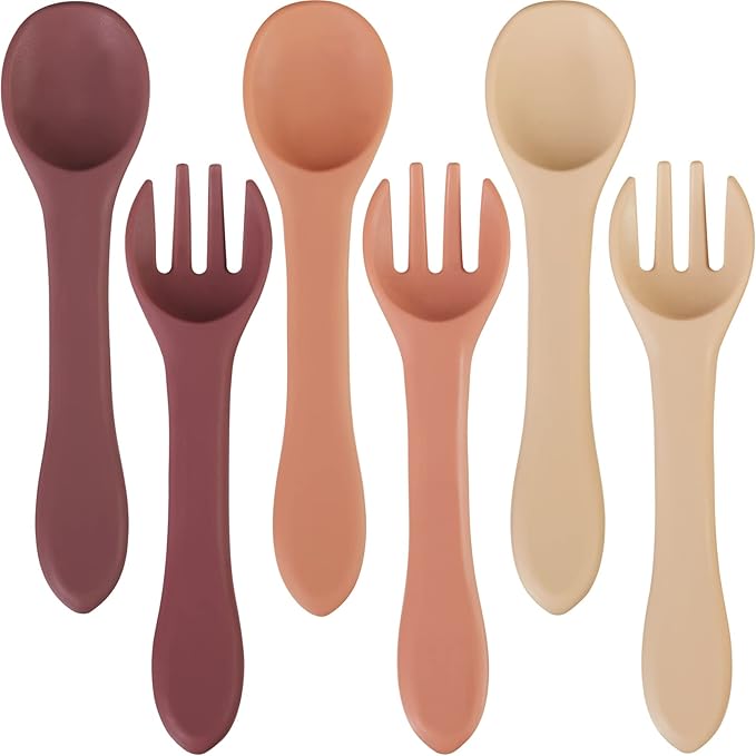 Nuenen 6 Pieces Silicone Baby Feeding Forks and Spoons Set Hot Safety First Stage Self Feeding Supplies Mini Kids Utensils for over 6 Months Babies Boy Girl Toddlers First Foods (Plain Color)
