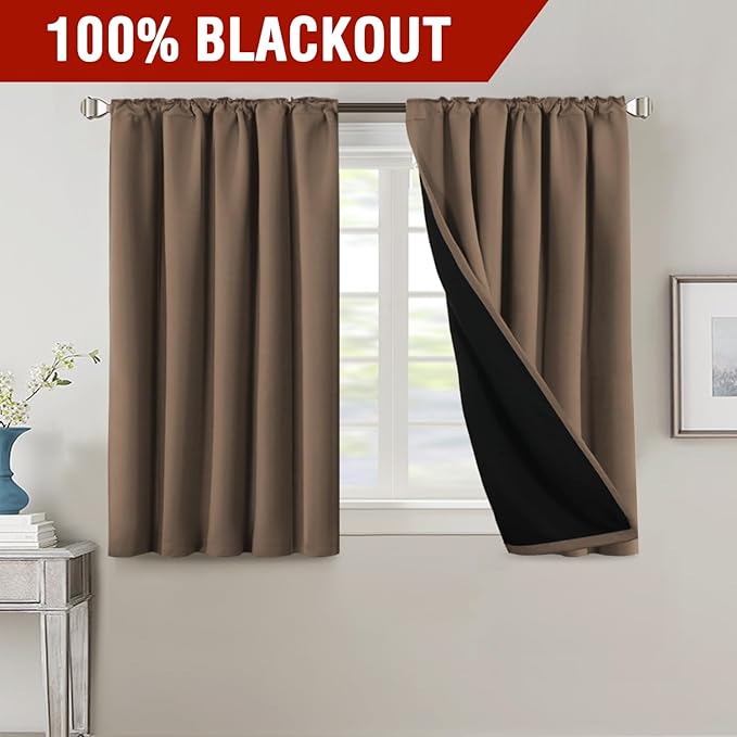 H.VERSAILTEX 100% Blackout Curtains for Bedroom with Black Liner Full Room Darkening Curtains 45 Inch Long Thermal Insulated Back Tab/Rod Pocket Window Drapes for Living Room, 2 Panels, Macchiato