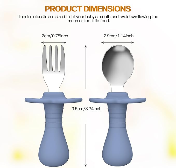 2 Pieces Toddler Utensils Forks and spoons set, Stainless Steel Childrens Silverware for Safe flatware Metal Kids Cutlery set with Round Handle, BPA Free, Anti-Choke Design (Dark Blue)