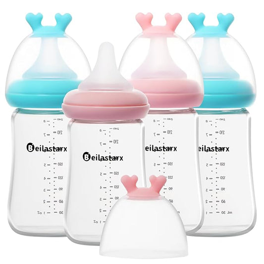 Beilastarx Glass Baby Bottles with Natural Response Nipple Size M - Anti Colic Baby Bottles Wide Neck Slow Flow Baby Bottle(Multicolor, 8oz (Pack of 4))